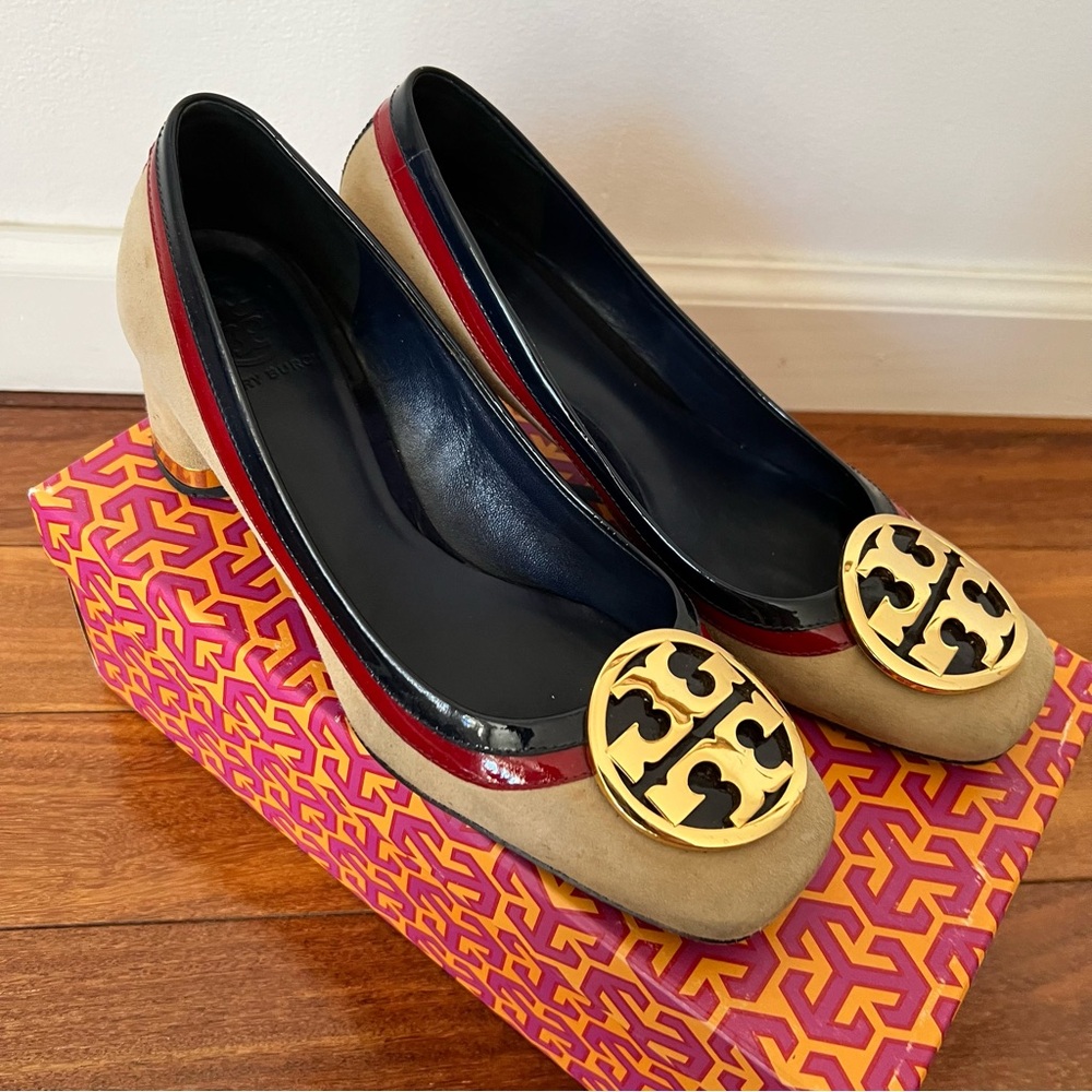 Tory Burch Tricolor Suede Patent Leather Logo Square Toe Frannie Shoes Size 8.5